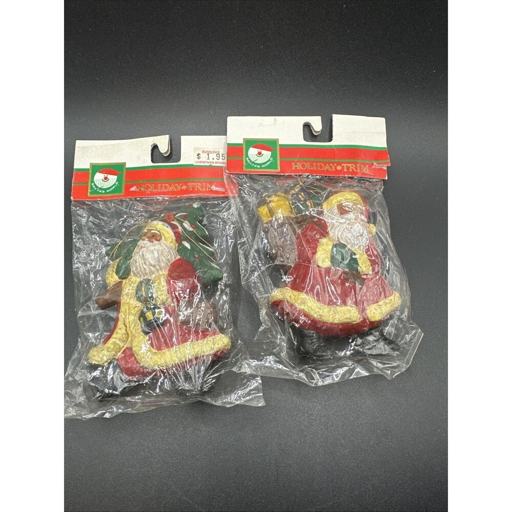 2 Kurt Adler 3.5in Ornaments Retro Santa World Christmas Trees Sealed NOS VTG